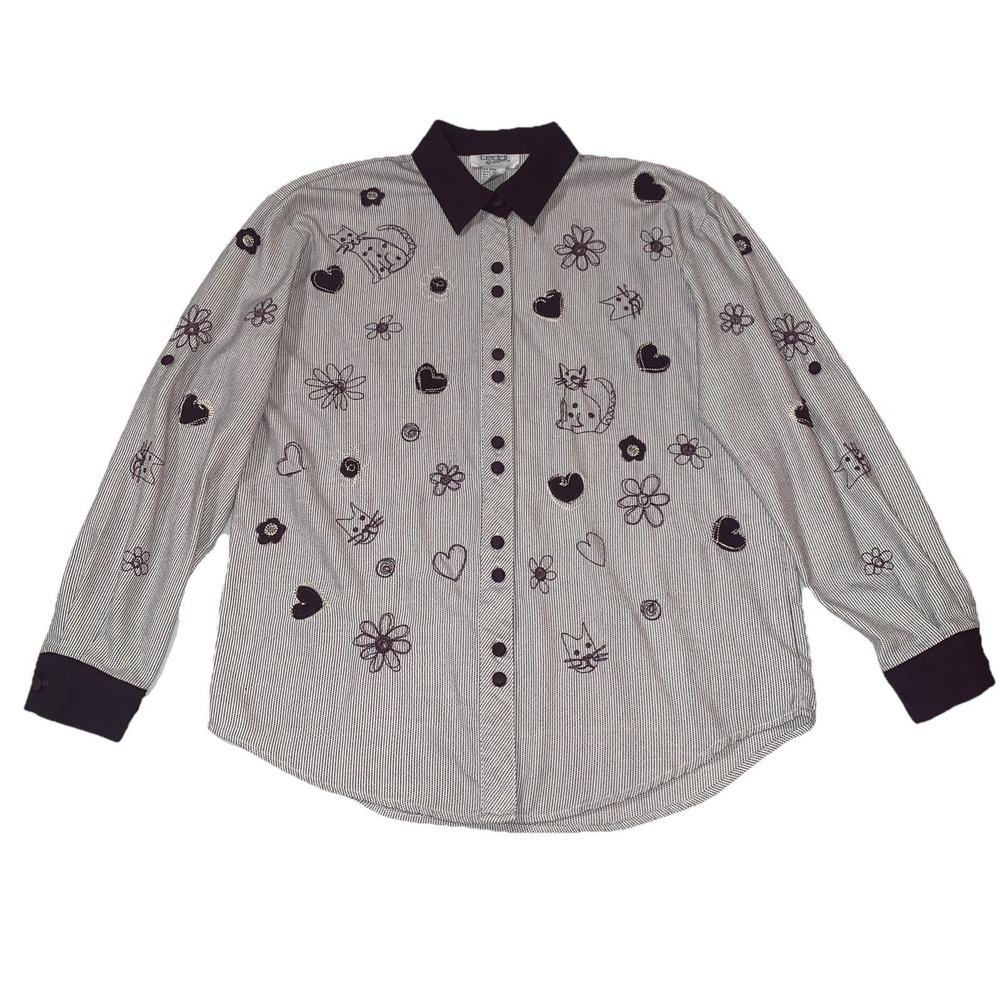 VTG Teddi Women's M Cats Button Up Shirt Heart Embroidery Granny Cottage Retro